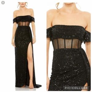 Mac Duggal Black Sequin Off-Shoulder Maxi Dress